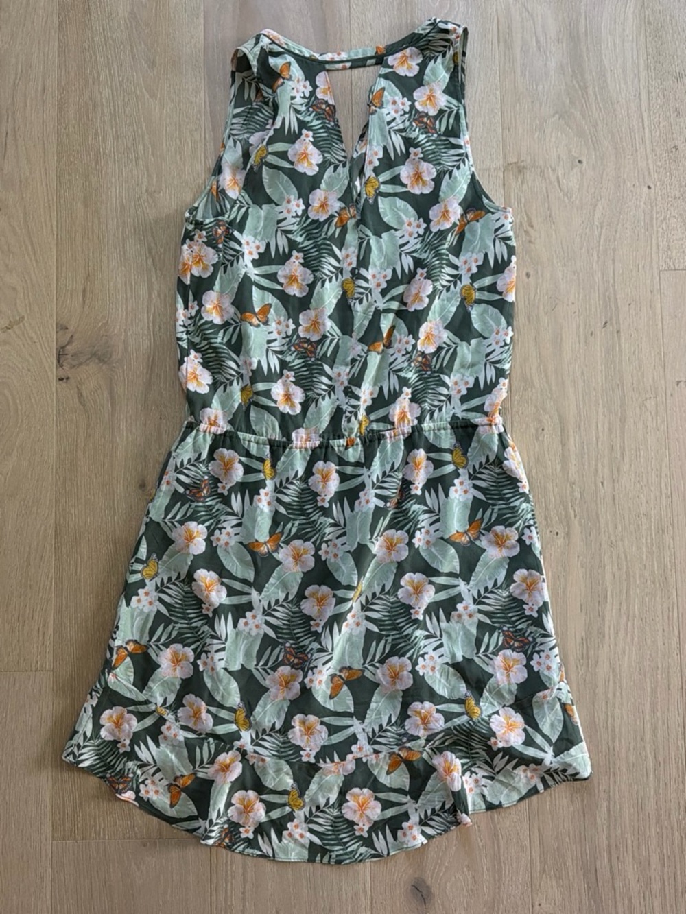 Joie Green Tropical Floral Sleeveless Dress with Pink & Orange Accents